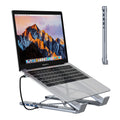 Aluminium alloy folding laptop docking stand with multi-port hub, shown in open and closed positions.