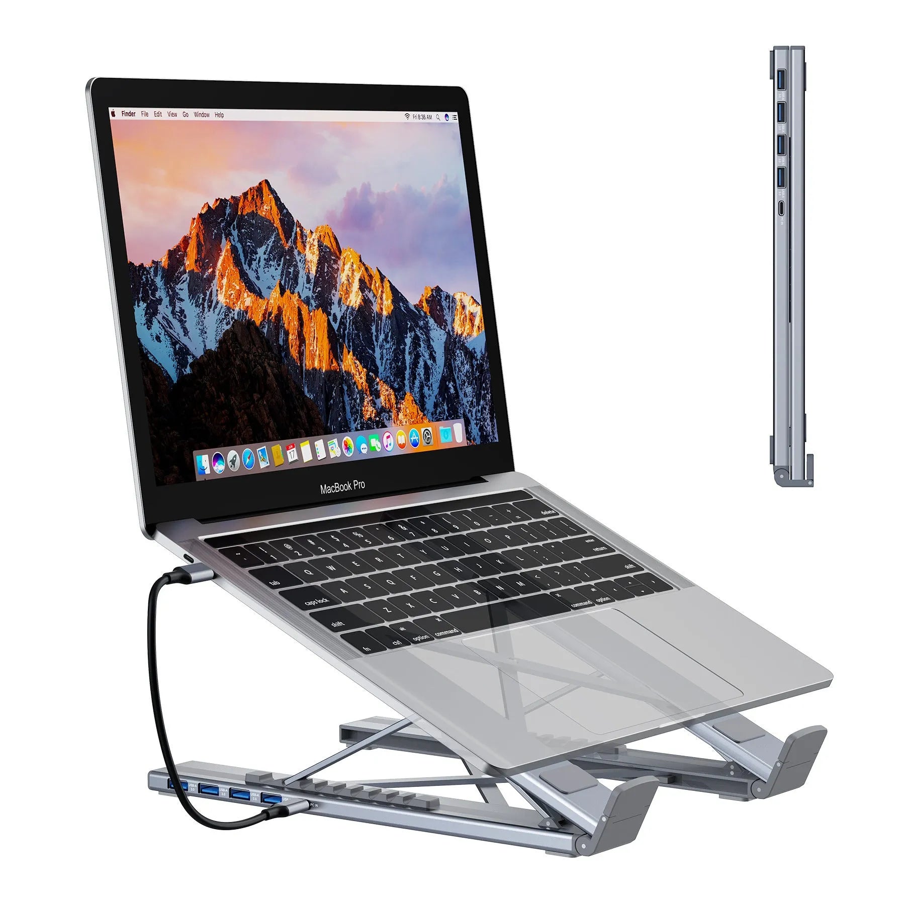 Aluminium alloy folding laptop docking stand with multi-port hub, shown in open and closed positions.