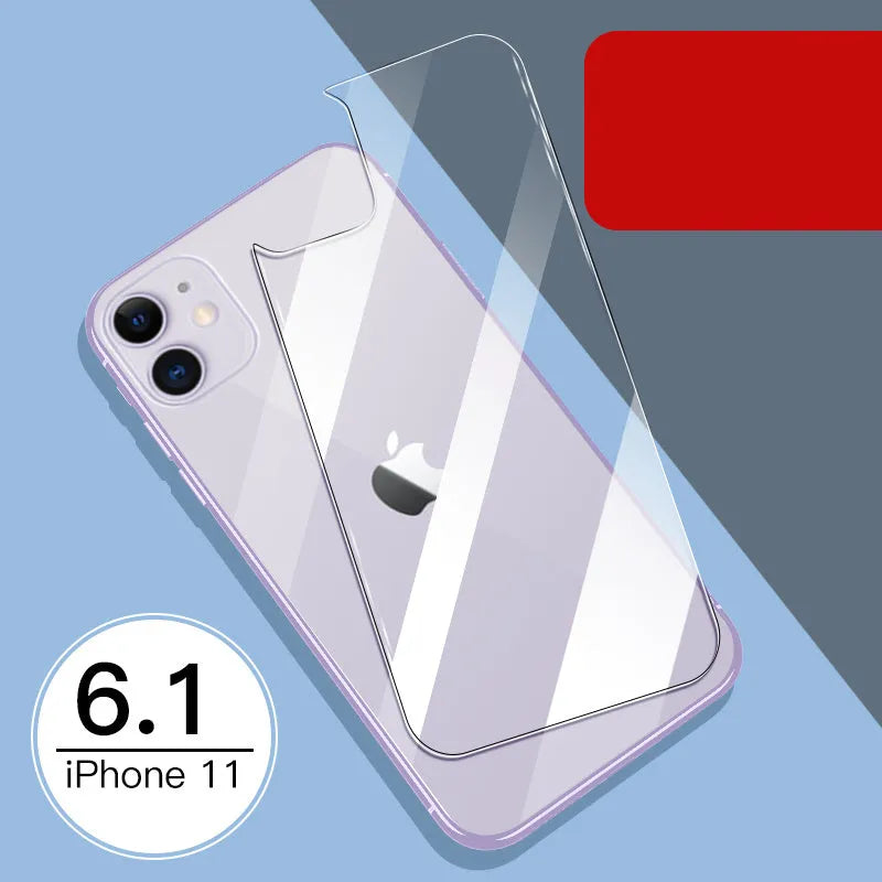 iPhone tempered glass screen protector set showing front and rear films for 11, X, and XR models.