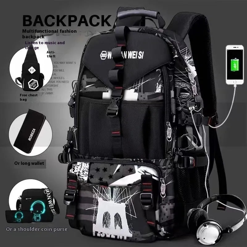 Men's black waterproof Oxford cloth hiking backpack with contrasting straps and large main compartment.