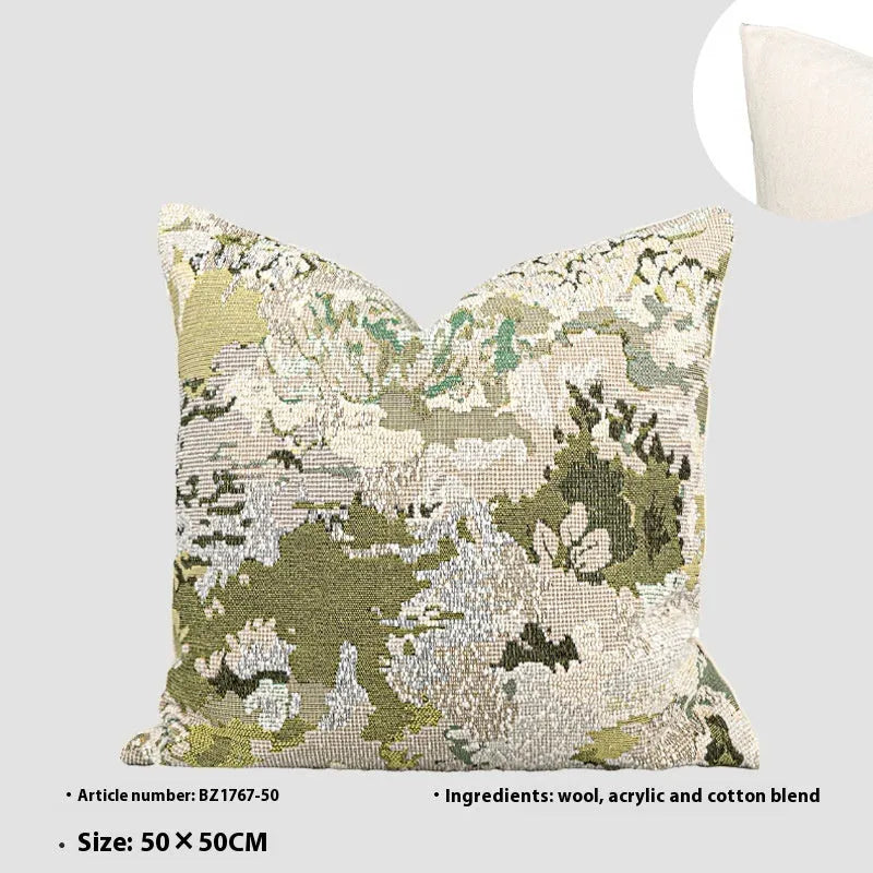 Antique green wool blend floral pillow in square and rectangular waist sizes.