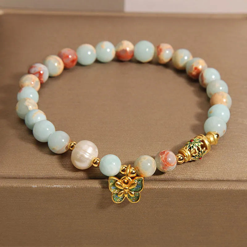 Blue women's bracelet with Shoushan stone and freshwater pearl butterfly pendant