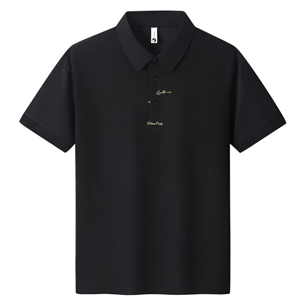 Men's loose-fitting casual cotton t-shirt in black, shown with a simple letter pattern on the chest.