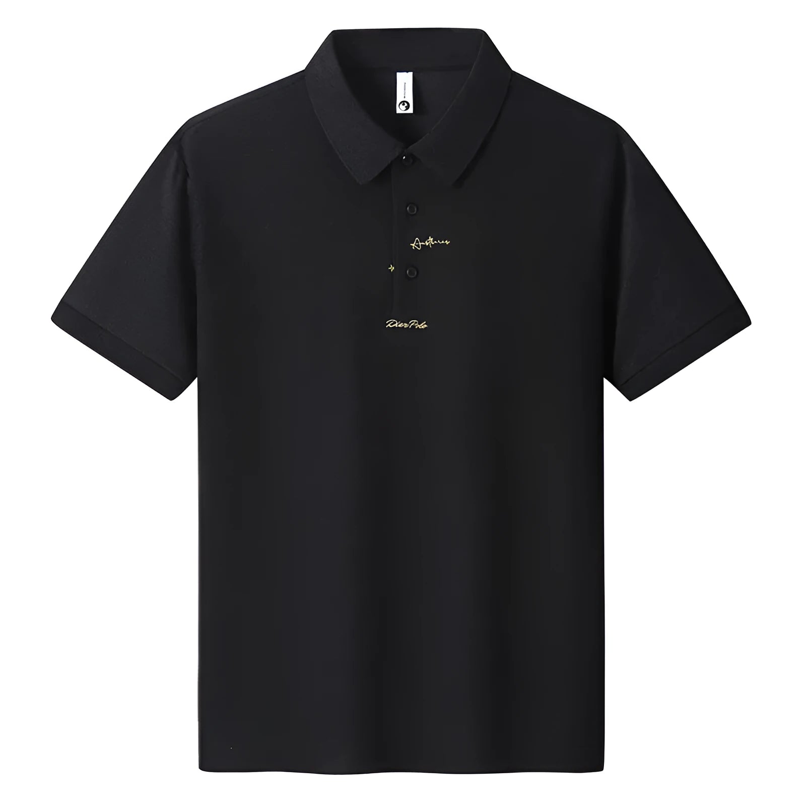 Men's loose-fitting casual cotton t-shirt in black, shown with a simple letter pattern on the chest.