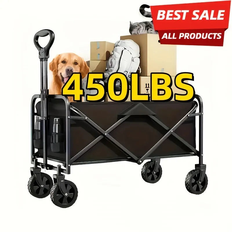 Collapsible heavy-duty metal garden wagon cart with storage box, shown folded and open.
