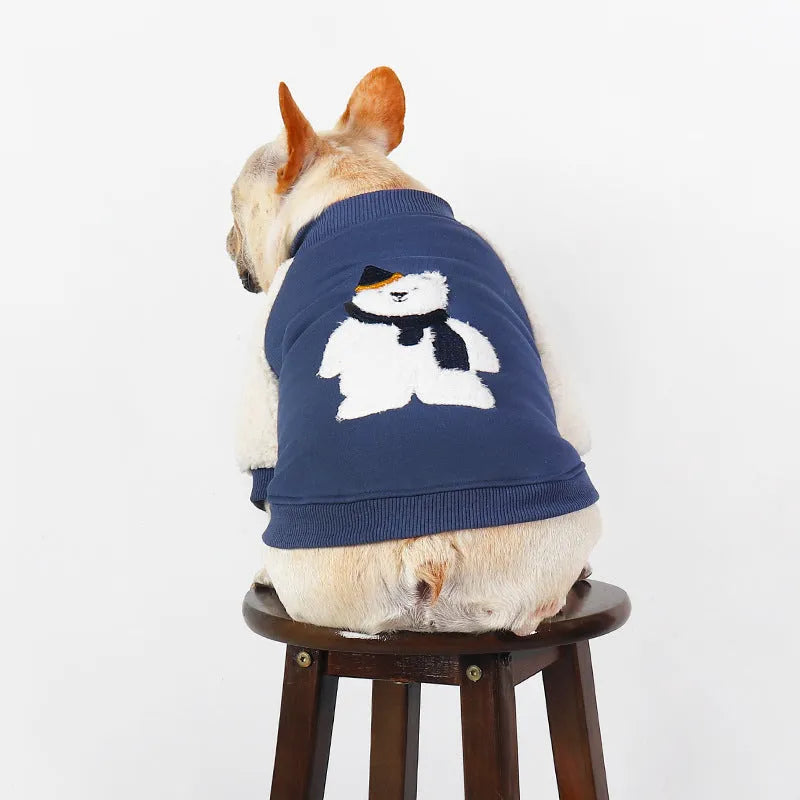 Dark blue fleece-lined winter dog coat shown on a small dog, highlighting the cotton material and thick style.