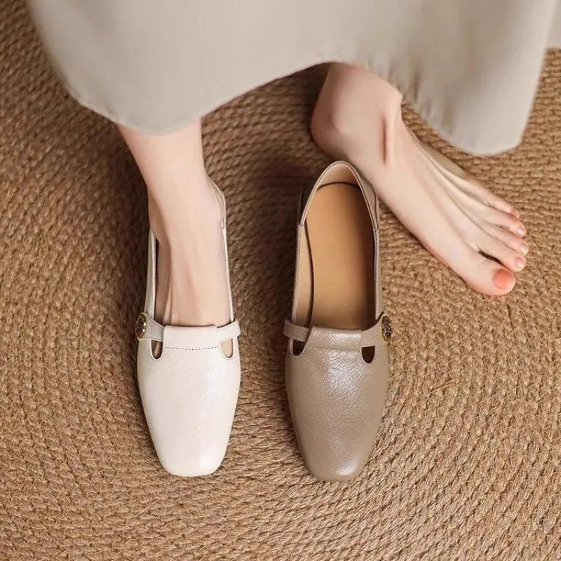Retro square head genuine leather shallow mouth women shoes with buckle closure, mid heel, beige colour, sizes 35-40
