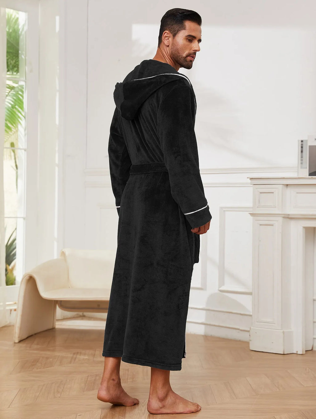 Men's long light grey flannel bathrobe with a European style fit, shown hanging.