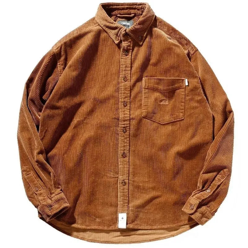 Caramel and grey loose fit long sleeve corduroy cardigan shirt on a hanger.