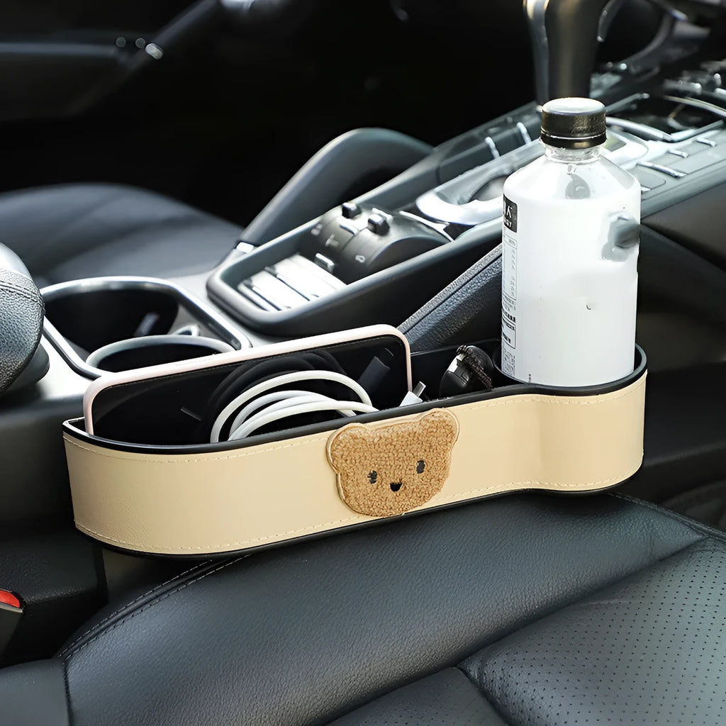 Leather car seat gap storage box with cartoon bear design in black and rice colour options