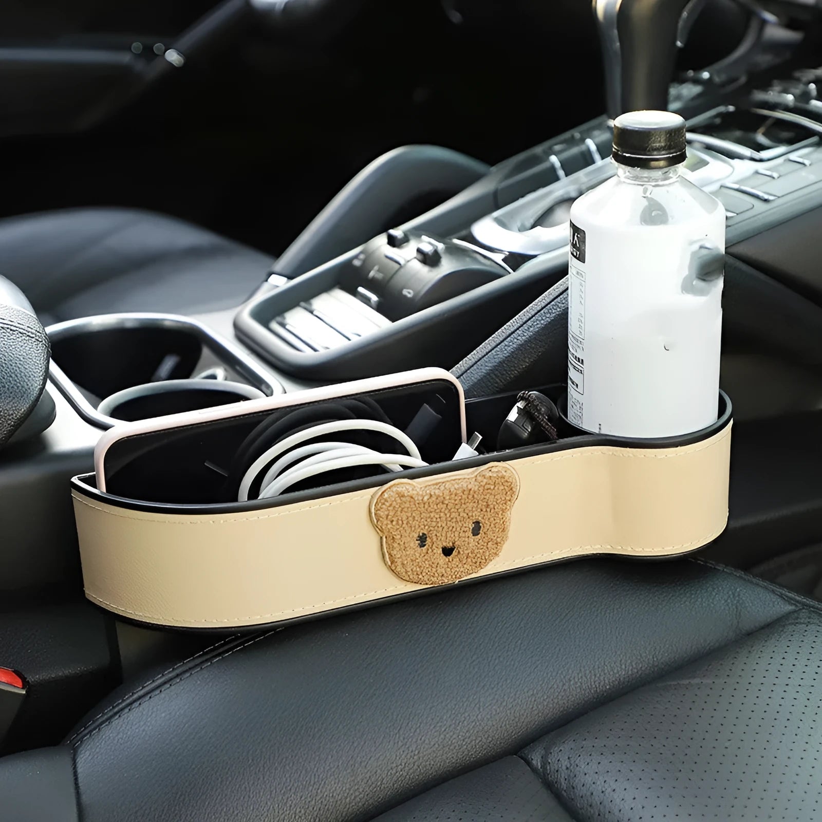 Leather car seat gap storage box with cartoon bear design in black and rice colour options