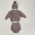 Dark brown cotton knitted three-piece set for infant girl with fur ball hat
