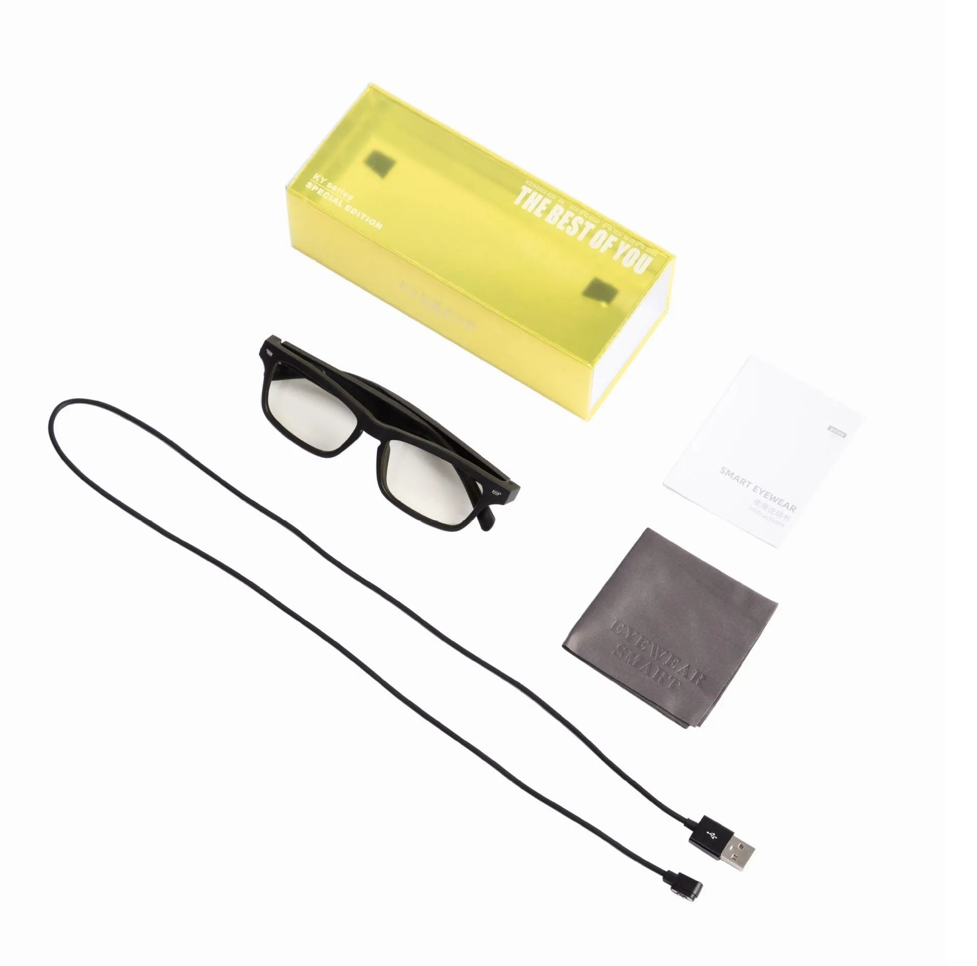 Black smart glasses with Bluetooth open-ear audio speakers on temples and choice of lenses