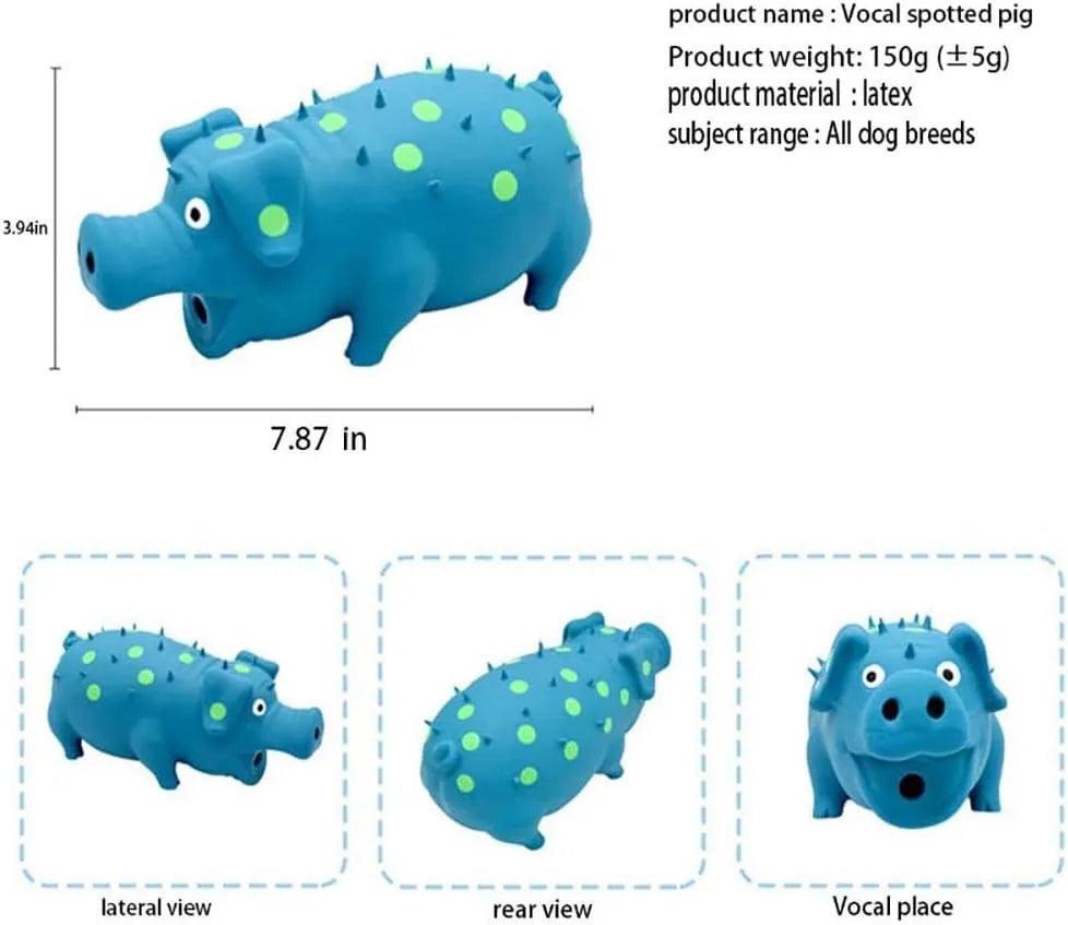 Blue latex pig-shaped dog chew toy with textured surface for teeth cleaning