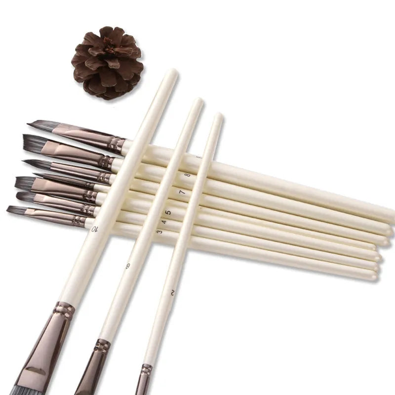 10 pearl white oil painting brushes with wooden handles and nylon bristles