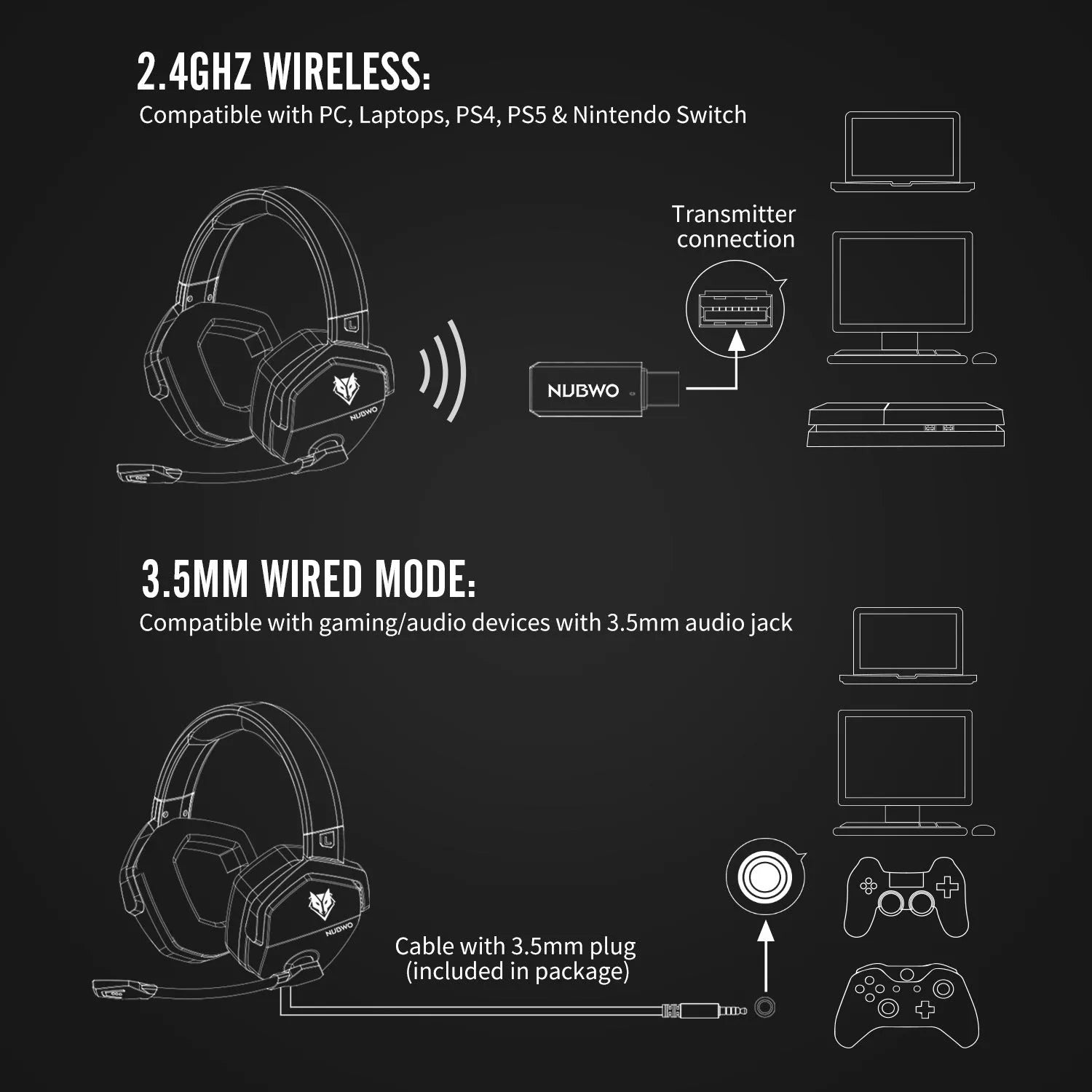 Black and orange wireless gaming headset with over-ear design and omnidirectional microphone
