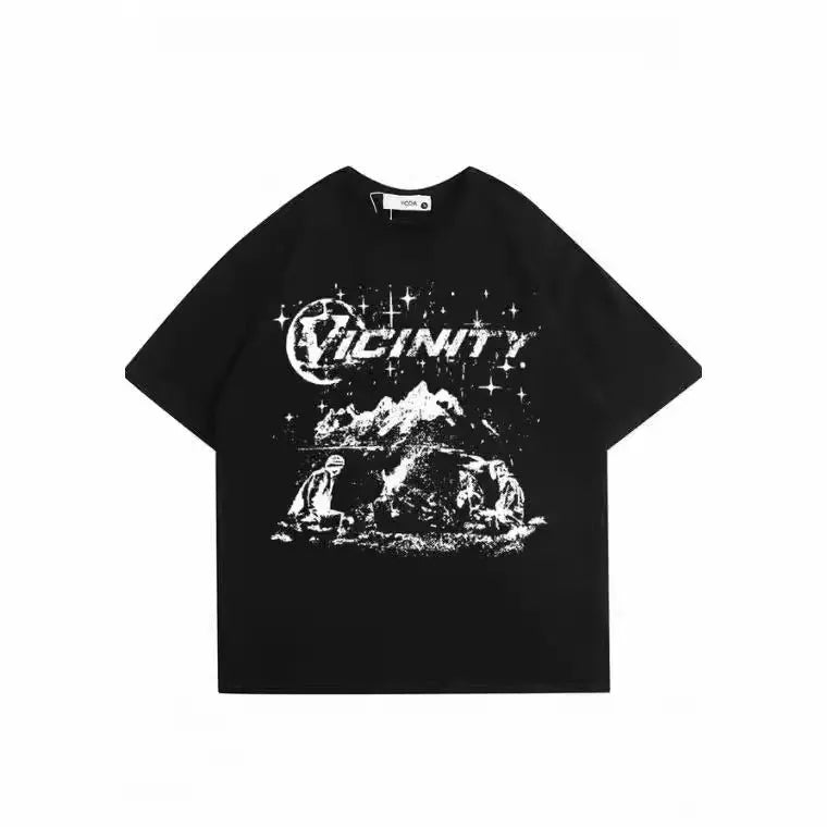 Men's black T-shirt with a colourful retro hip hop graphic print on the front.