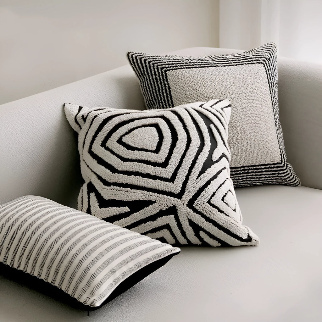Black and white geometric towel embroidery square pillow cover on sofa 50x50cm