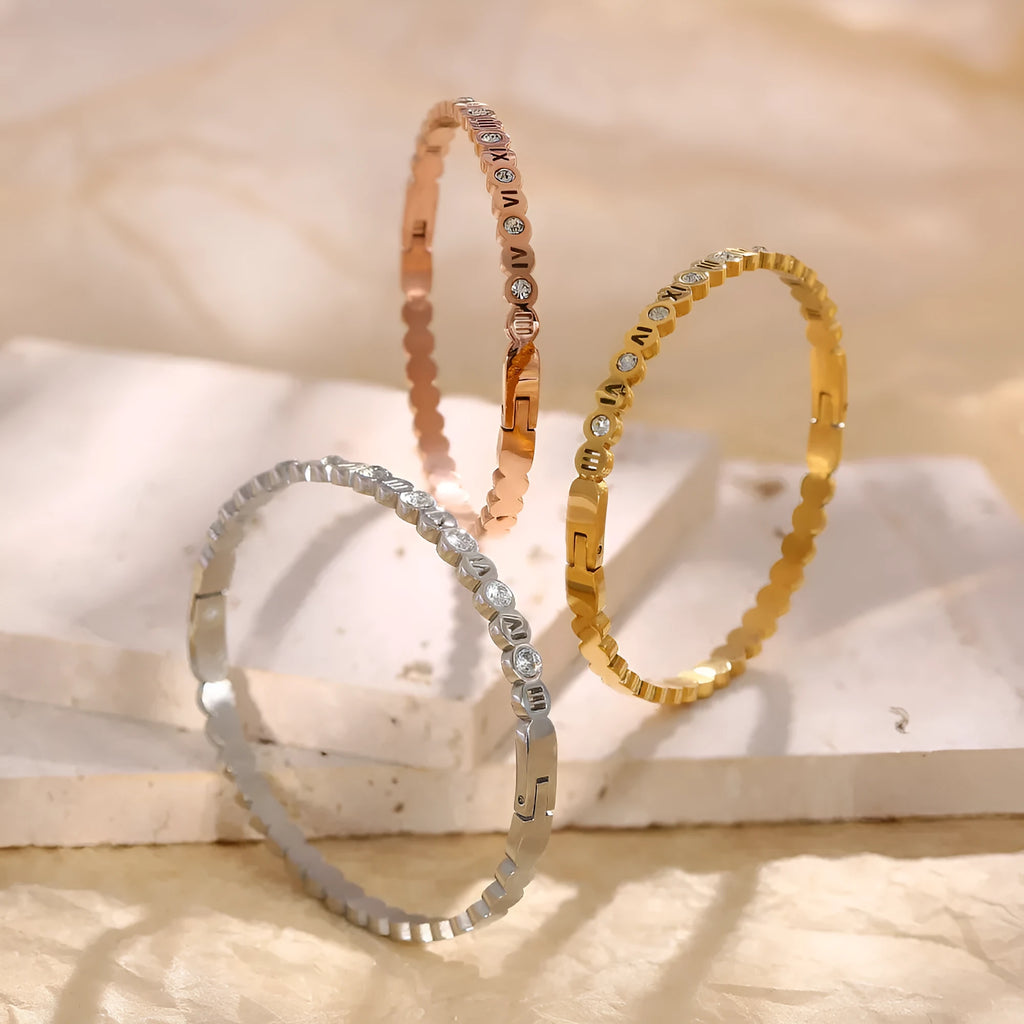 Korean style titanium steel bracelet with number design in electroplated gold, rose gold, or steel colour