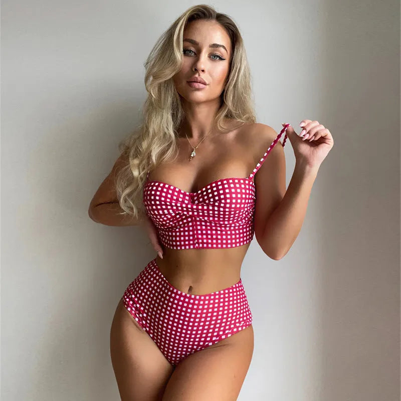 Women's plaid bikini set with high-waist briefs in rose red, black, blue, or sky blue