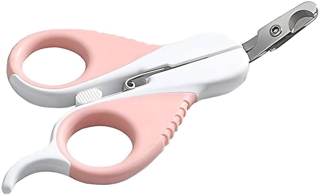 Grey and pink cat nail clippers with angled blade and safety guard for small pets