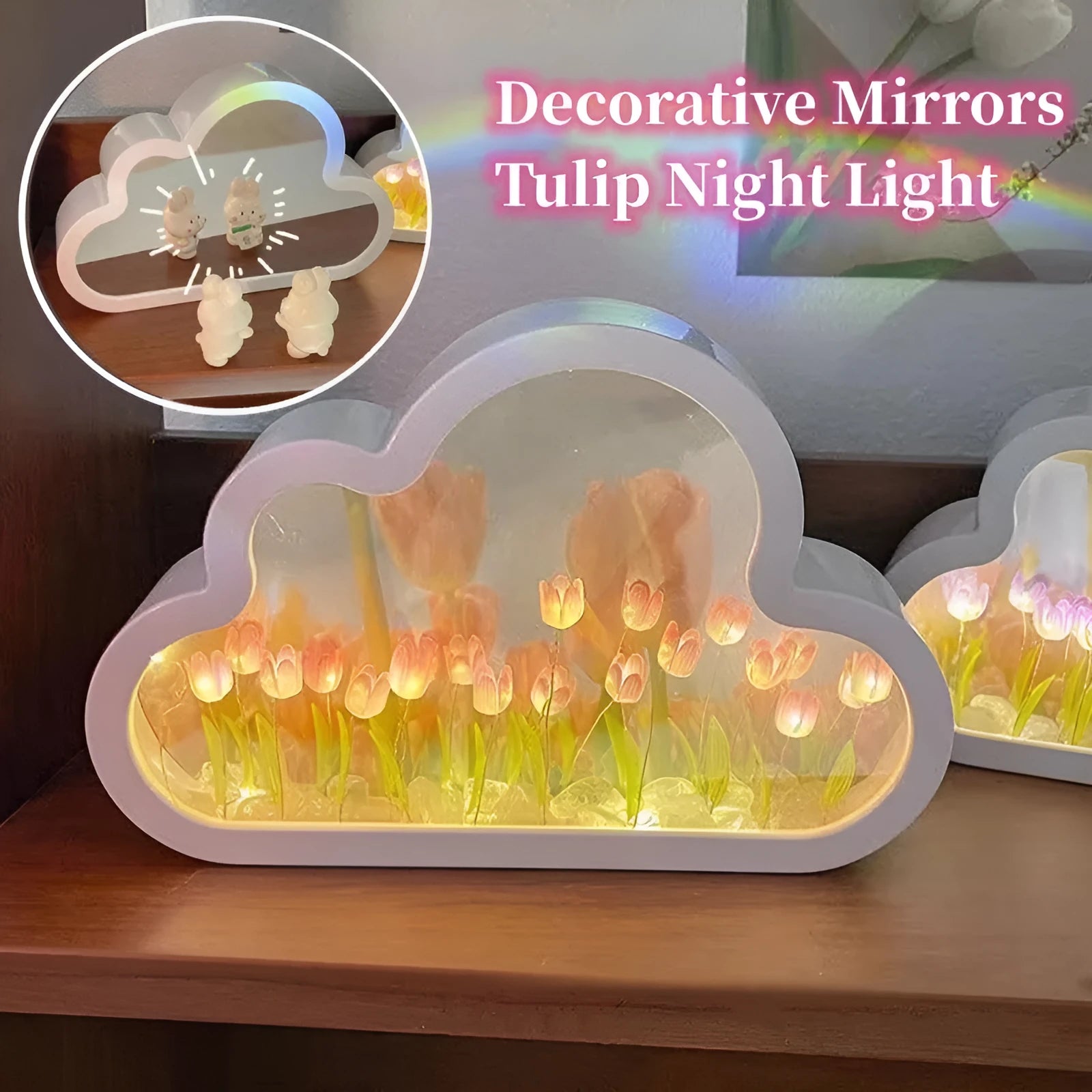 DIY tulip night lamp with decorative mirror and LED lighting in multiple colour options