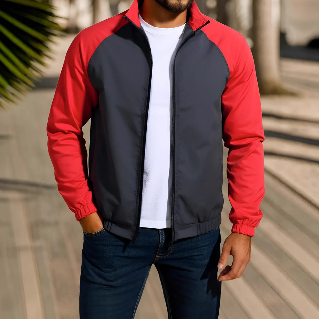 Men's casual stand collar coat in loose fit with raglan sleeves, shown in red, khaki, and green colour options