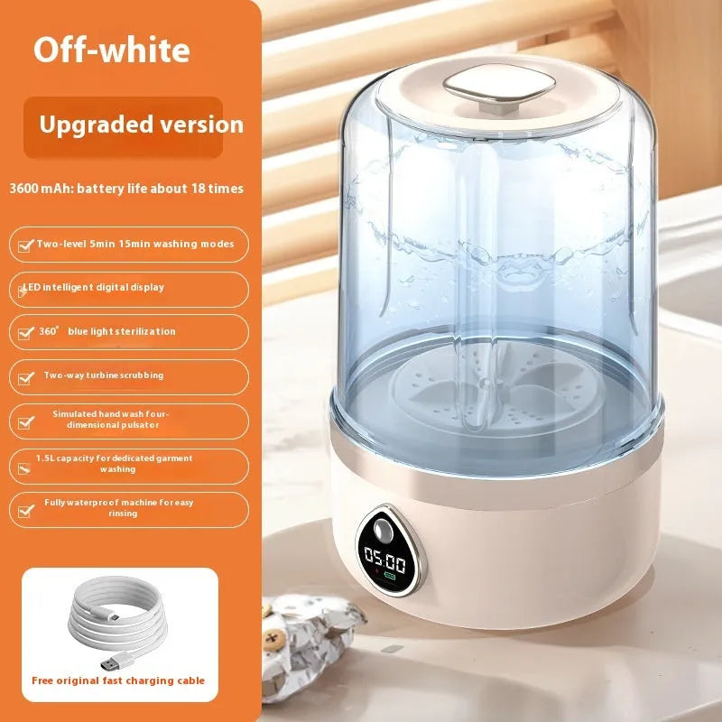 White portable mini washing machine with USB cable on a countertop.