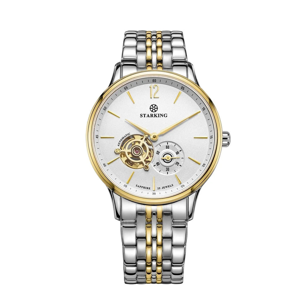 Automatic mechanical men's watch with circular dial, three hands, on steel bracelet and brown leather strap options.