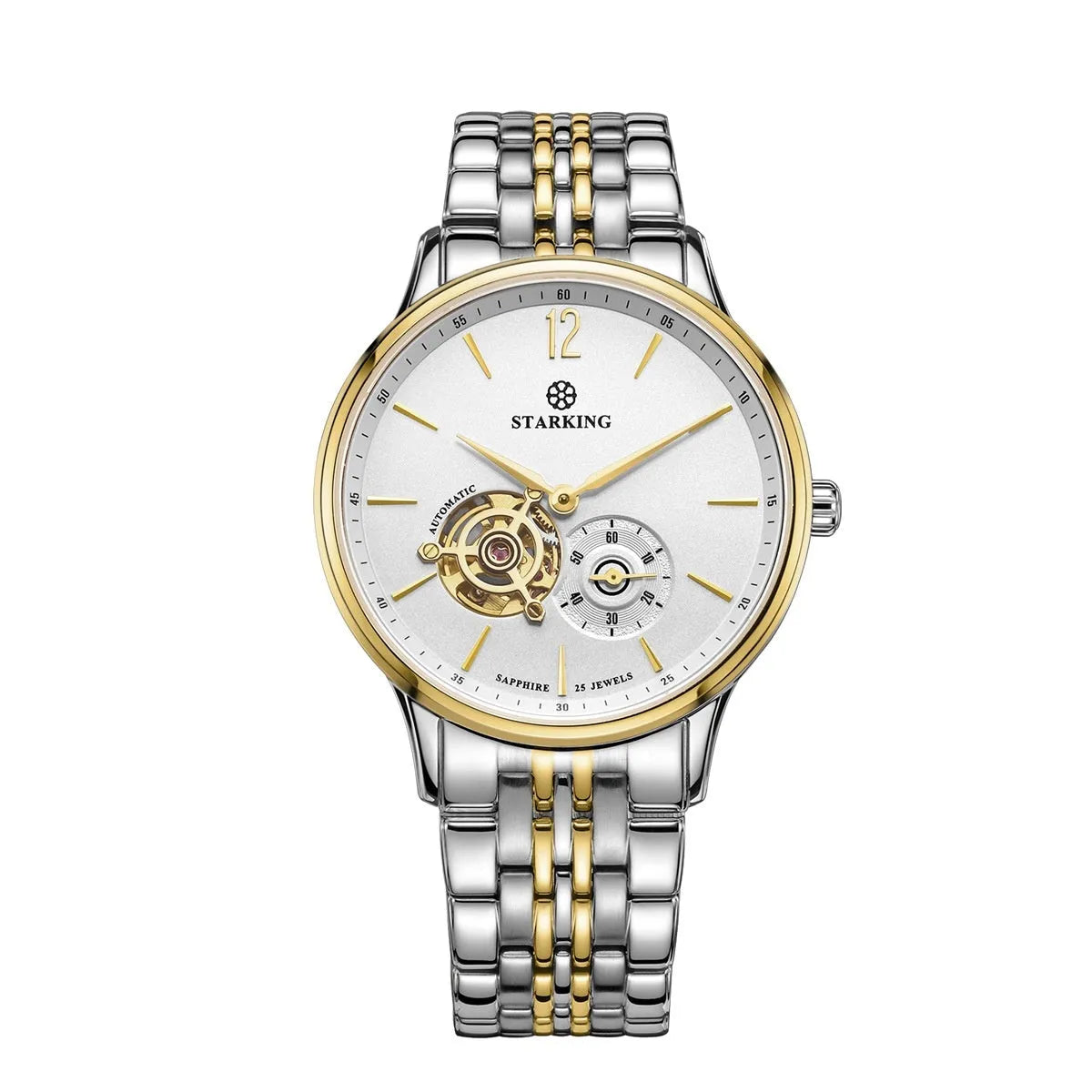 Automatic mechanical men's watch with circular dial, three hands, on steel bracelet and brown leather strap options.