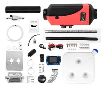 12V and 24V diesel air heater kit with fuel pump, tank, pipes and wiring for truck or camper installation.