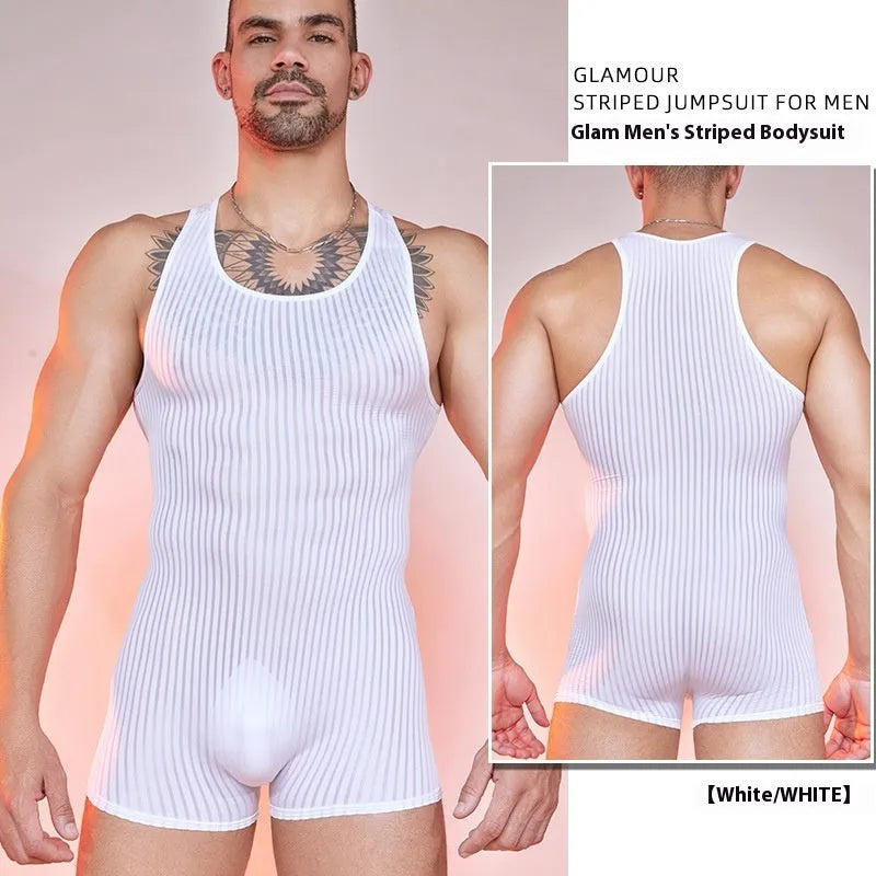 Men's striped nylon jumpsuit in free size with vertical bar pattern