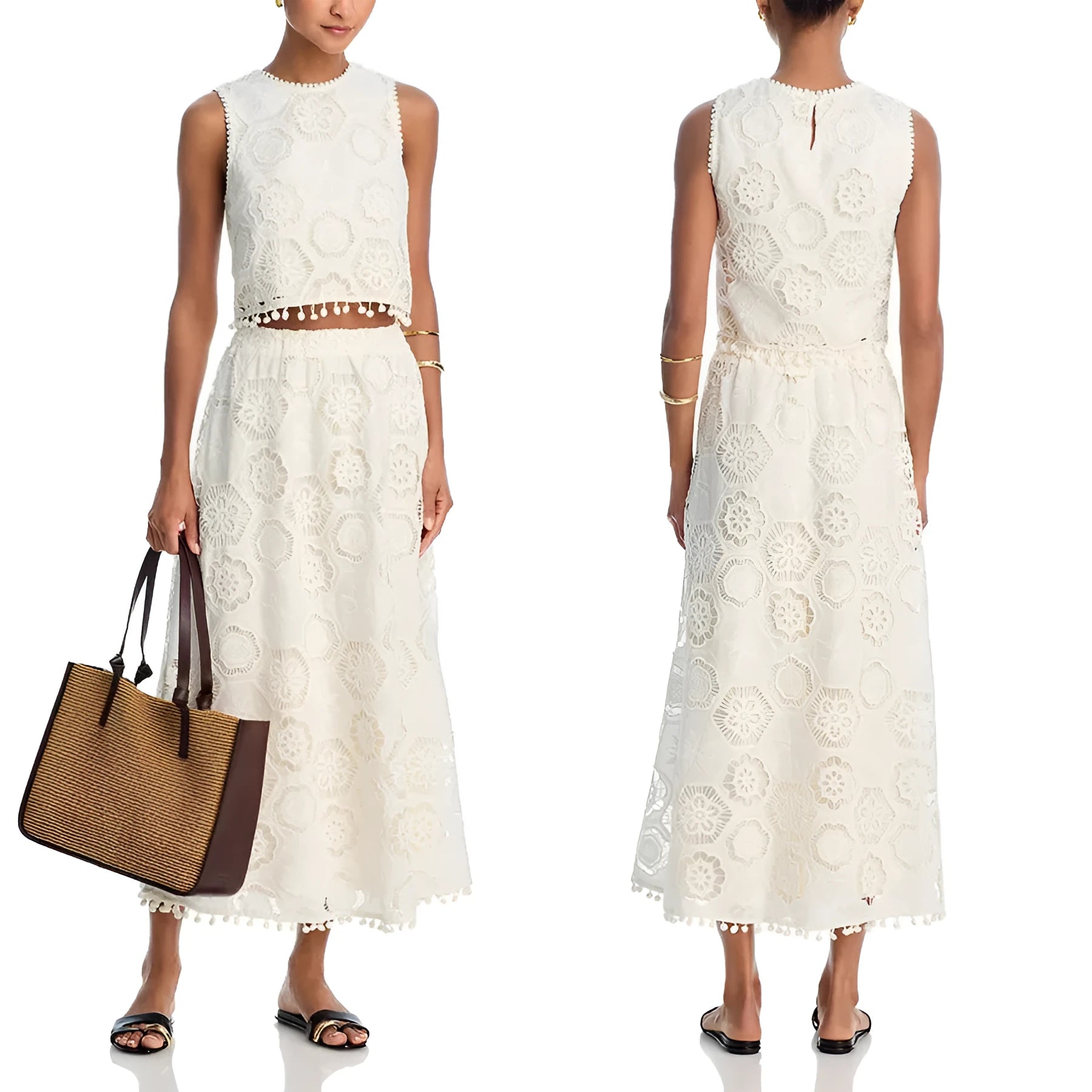 White women's polyester two-piece suit with embroidered detailing, featuring a sleeveless top and a long skirt.