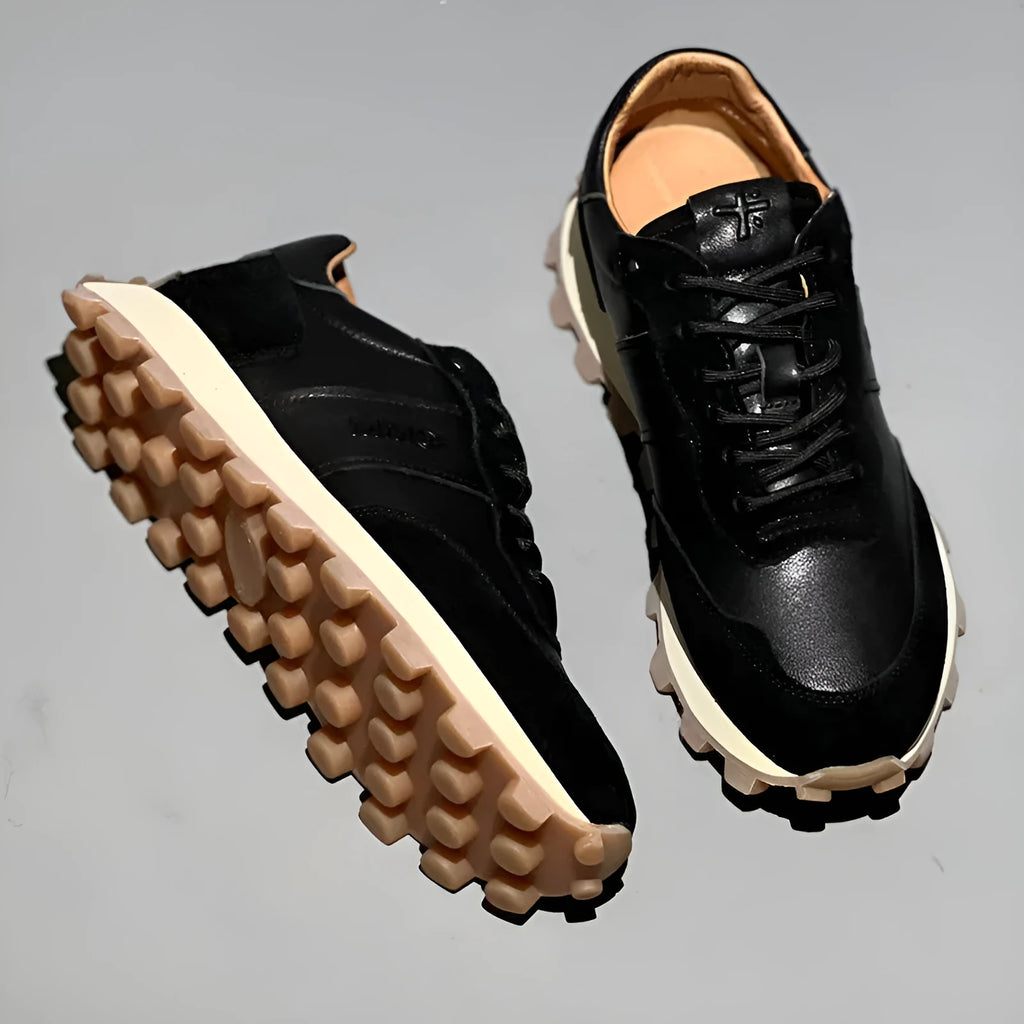 Men's black head layer cowhide lace-up sports shoes with thick sole and round toe on white background