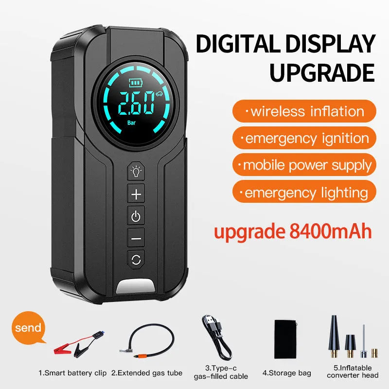 Portable black car tyre inflator pump with digital display, battery, and a set of inflation nozzles on a grey background.