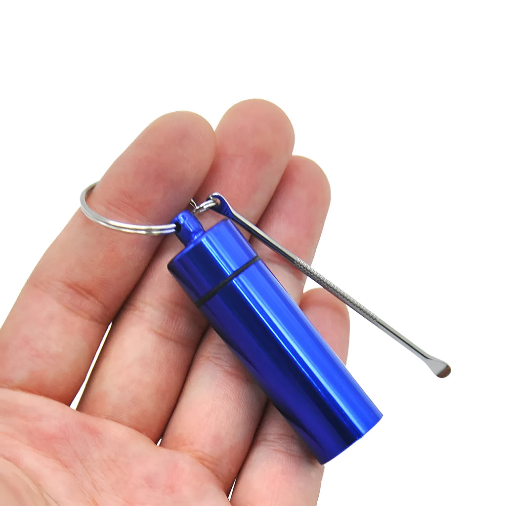 Aluminium portable pill storage bottle with keychain loop in one of five colour options: black, blue, gold, green, or red.