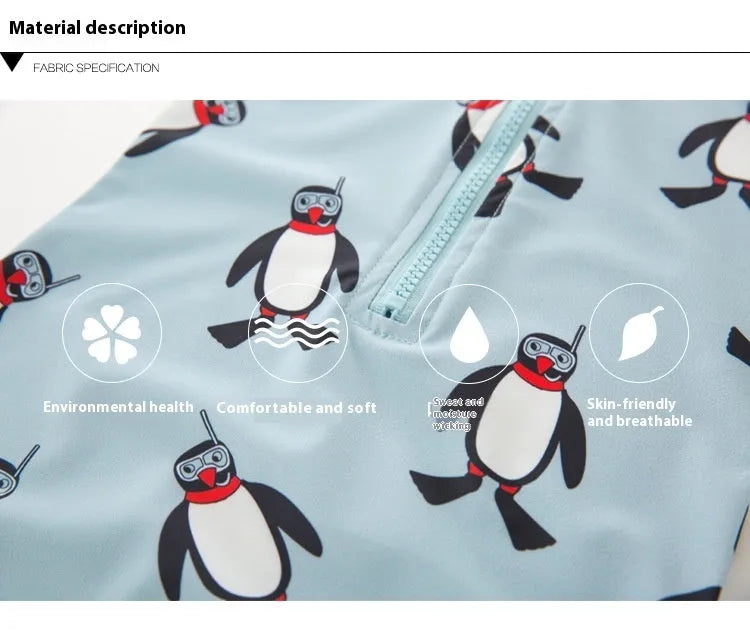 Boy's penguin print long sleeve swimsuit one-piece with matching swim cap for sun protection