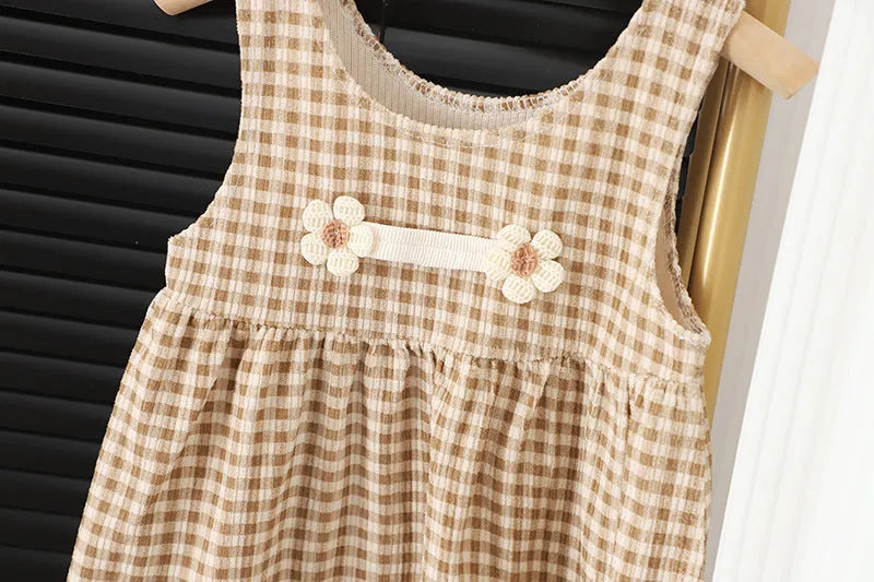 Baby girl wearing dark coffee plaid Korean style dress suit with matching shirt