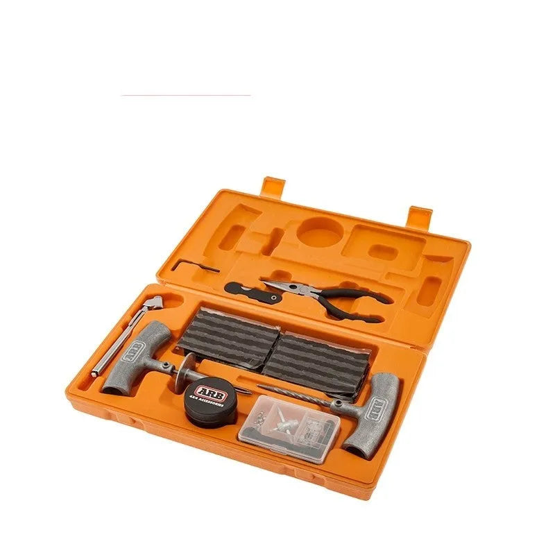 Speedy Seal emergency tyre repair tool set in a compact yellow case with pressure gauge and tools.
