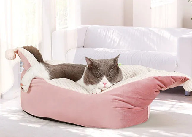 Boat nest cloth cat bed for small and medium pets in peacock blue, gray, or gray pink