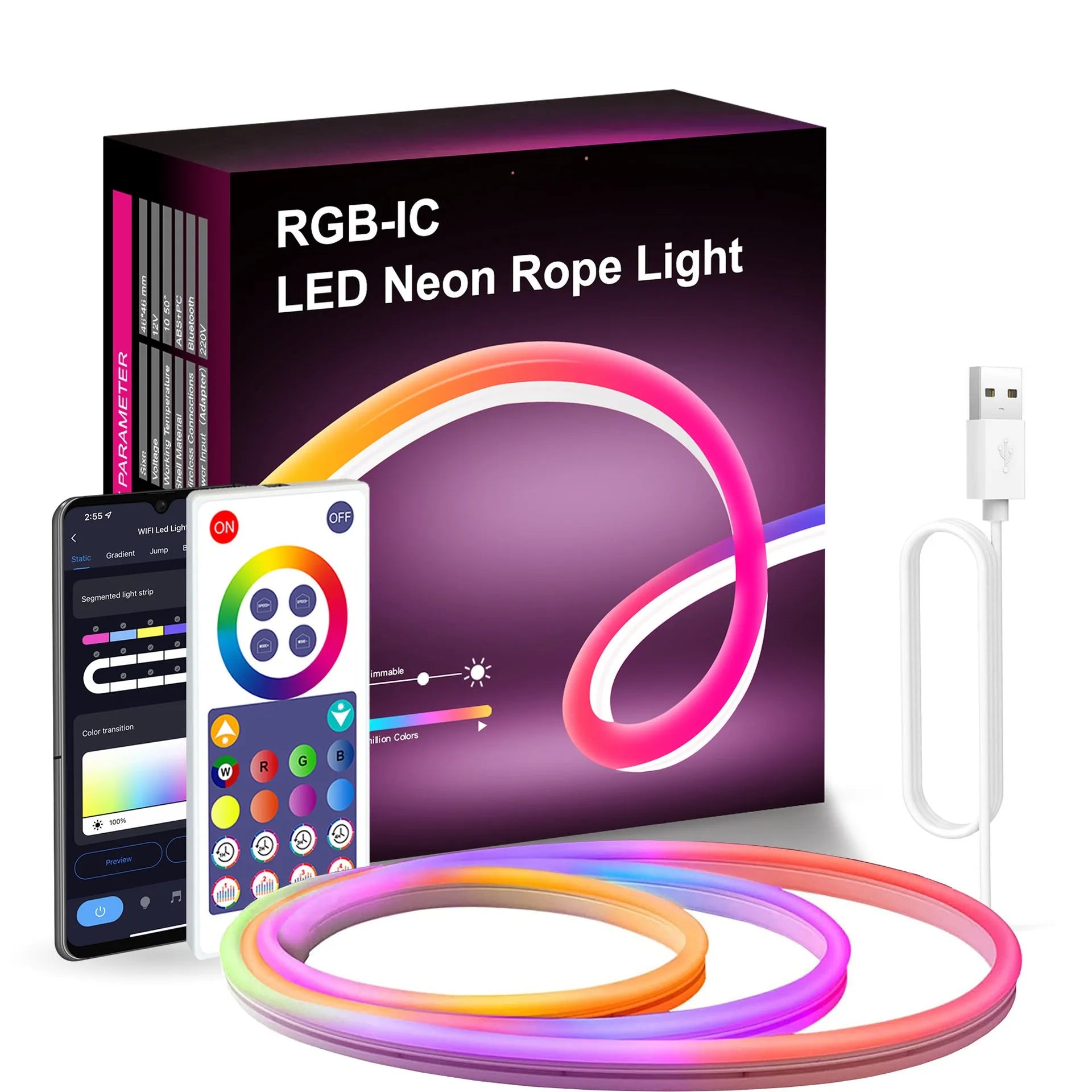 3 metre long flexible RGB LED neon light strip with remote control on a white background.