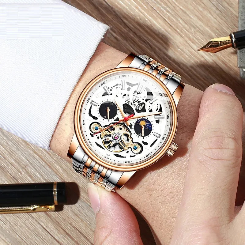 Men's tourbillon mechanical watch with luminous hands on a wrist, showing T867 Black colour option.