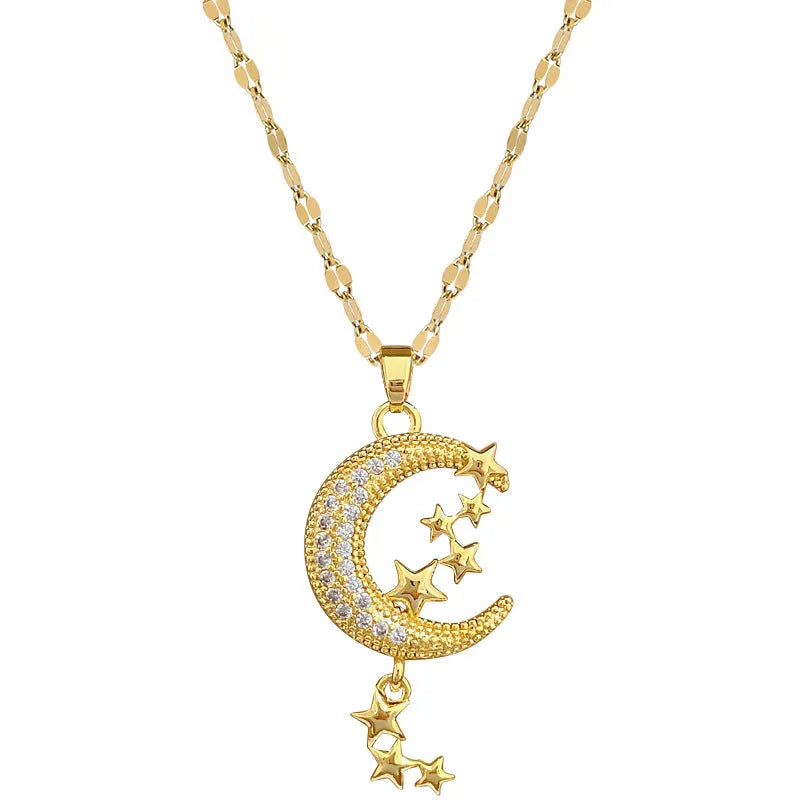 Geometric moon pendant necklace on a stainless steel chain with a copper accent.