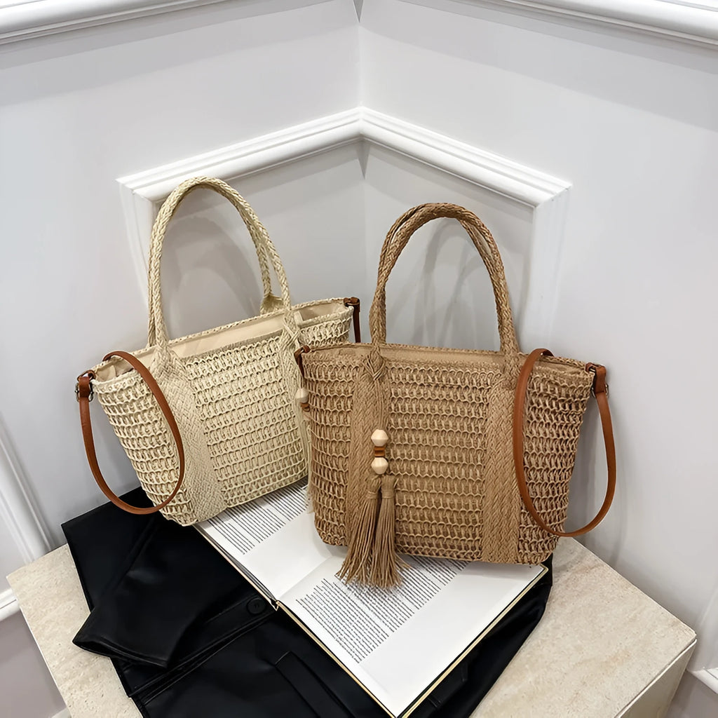 Women's woven straw crossbody bag in milky white or khaki with large capacity