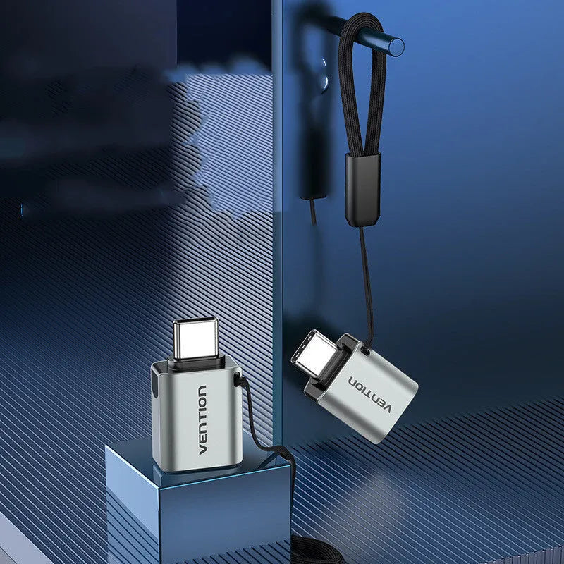 Grey aluminium USB 3.0 C Male to A Female OTG adapter with lanyard attachment