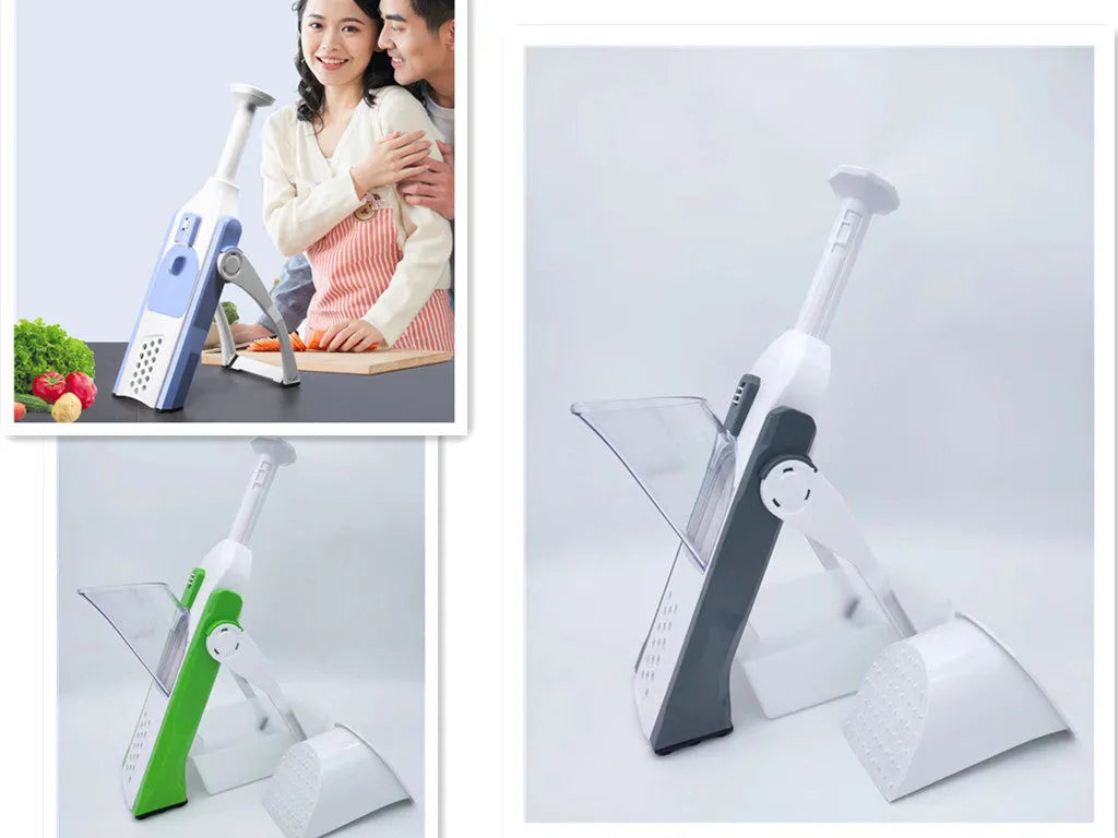 White and blue multifunctional vegetable slicer with stainless steel blades on a kitchen counter