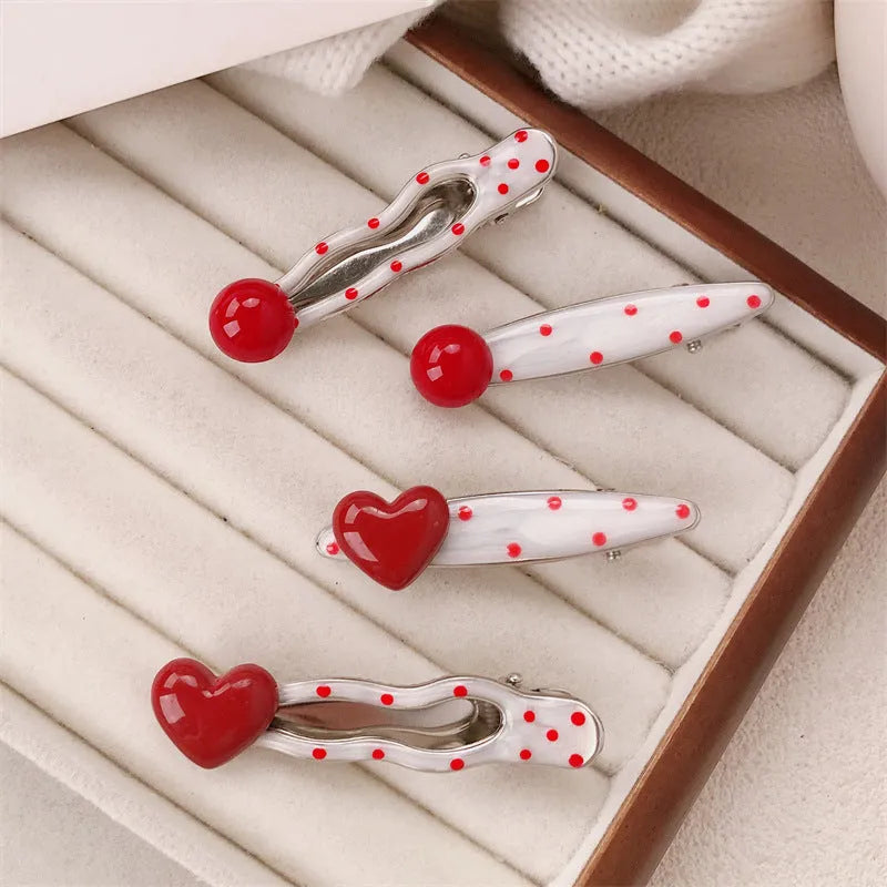 Red love heart-shaped hair barrette with 3D design, retro dots, and willow leaf decoration.