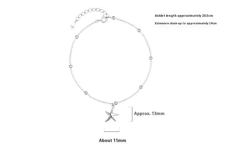 S925 sterling silver anklet with starfish charm and round beads.