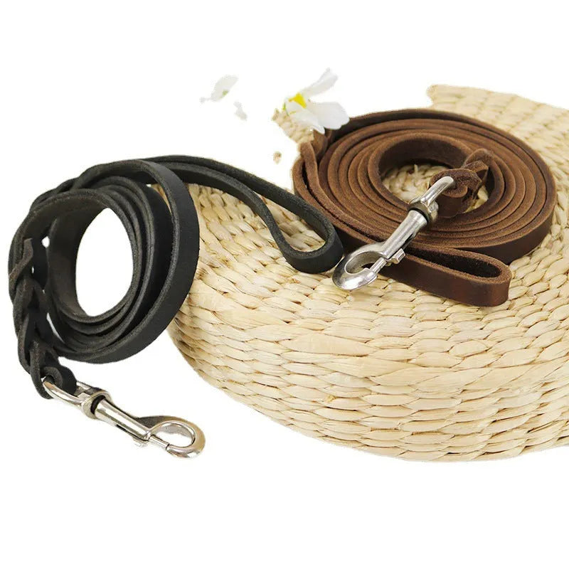 Genuine cowhide leather dog walking rope for large breed dogs, shown in light brown colour.
