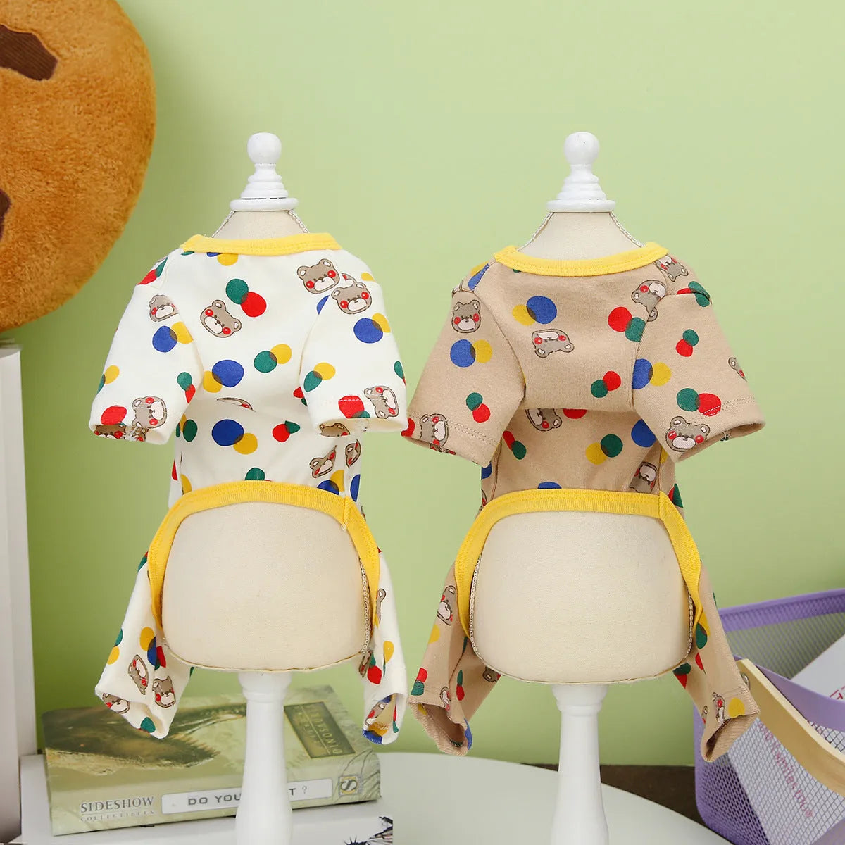 Beige dog jumper with colourful ball bear appliqué design for casual pet wear